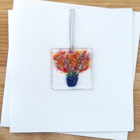 Orange and red pot plant fused glass greetings card