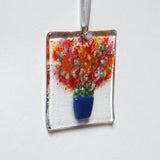 Orange and red pot plant fused glass greetings card