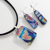 Blue pink fused dichroic glass pendant and earrings jewellery set