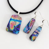 Blue pink fused dichroic glass pendant and earrings jewellery set
