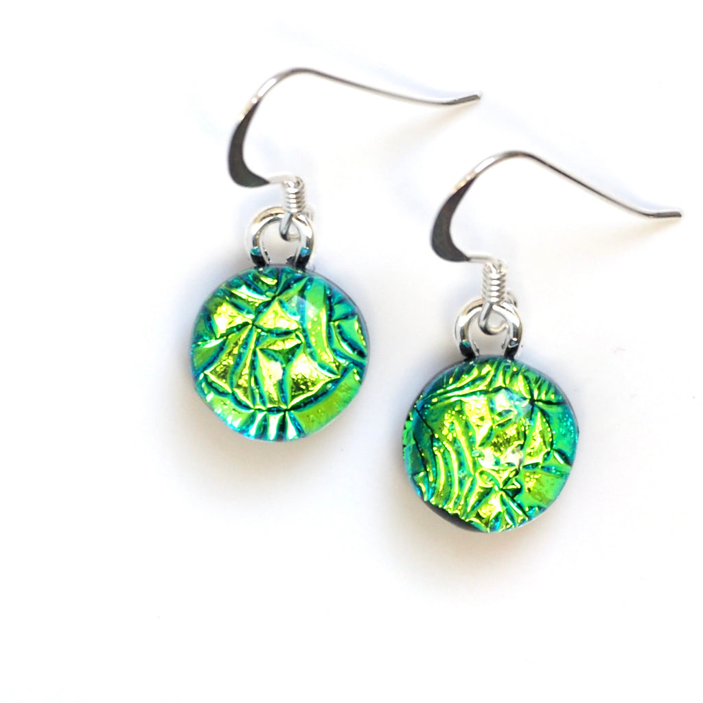 Green sparkle round dichroic glass earrings
