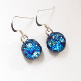 Navy blue and ice blue round dichroic glass earrings