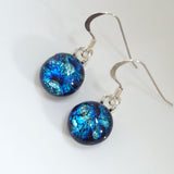 Navy blue and ice blue round dichroic glass earrings