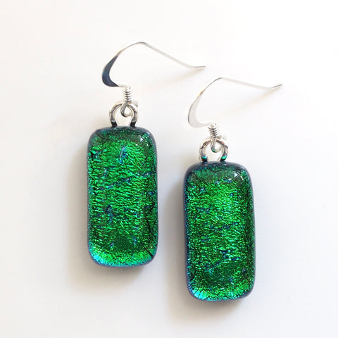 Emerald green peacock blue dichroic glass earrings