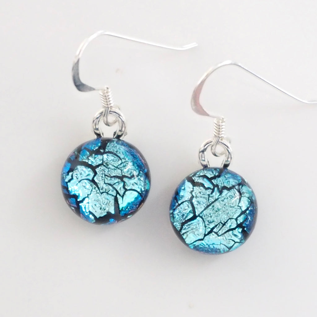 Ice blue round dichroic glass earrings