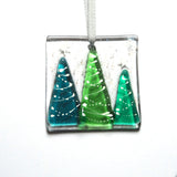 Three Christmas trees fused glass greetings card