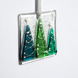 Three Christmas trees fused glass greetings card