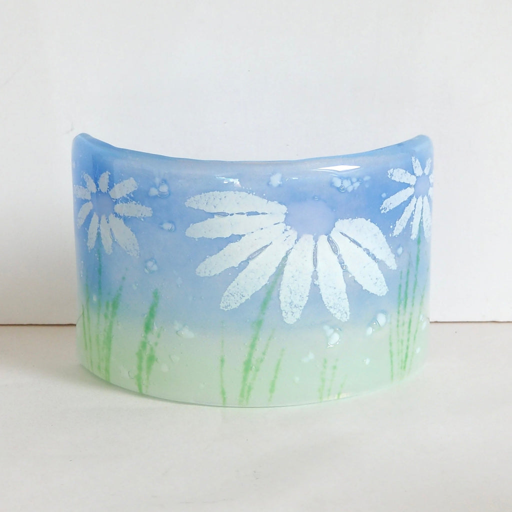Fused Glass Candle Screen - Daisy -  Blue green
