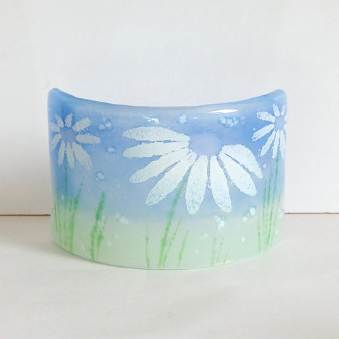 Fused Glass Candle Screen - Daisy -  Blue green