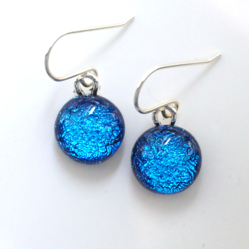 Mid blue round dichroic glass earrings