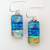 Turquoise, blue, green and yellow kiln fused dichroic glass earrings