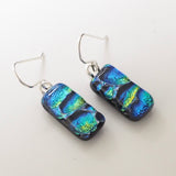 Mosaic blue green and yellow dichroic glass earrings