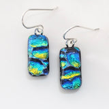 Mosaic blue green and yellow dichroic glass earrings