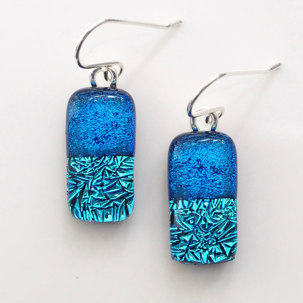 Mid blue and aqua kiln fused dichroic glass earrings