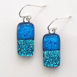 Mid blue and aqua kiln fused dichroic glass earrings