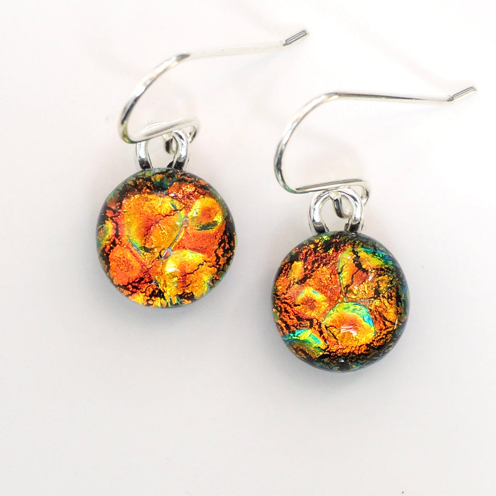 Orange and Gold round dichroic glass earrings
