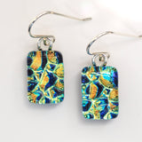 Gold and blue mosaic effect kiln fused dichroic glass earrings
