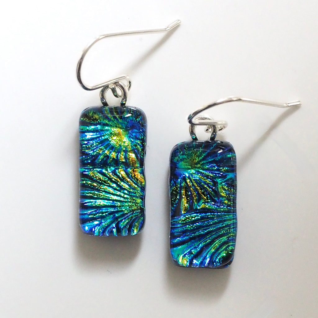 Turquoise green and gold dichroic glass earrings