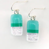Turquoise green and silver dichroic glass earrings