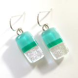Turquoise green and silver dichroic glass earrings