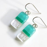 Turquoise green and silver dichroic glass earrings