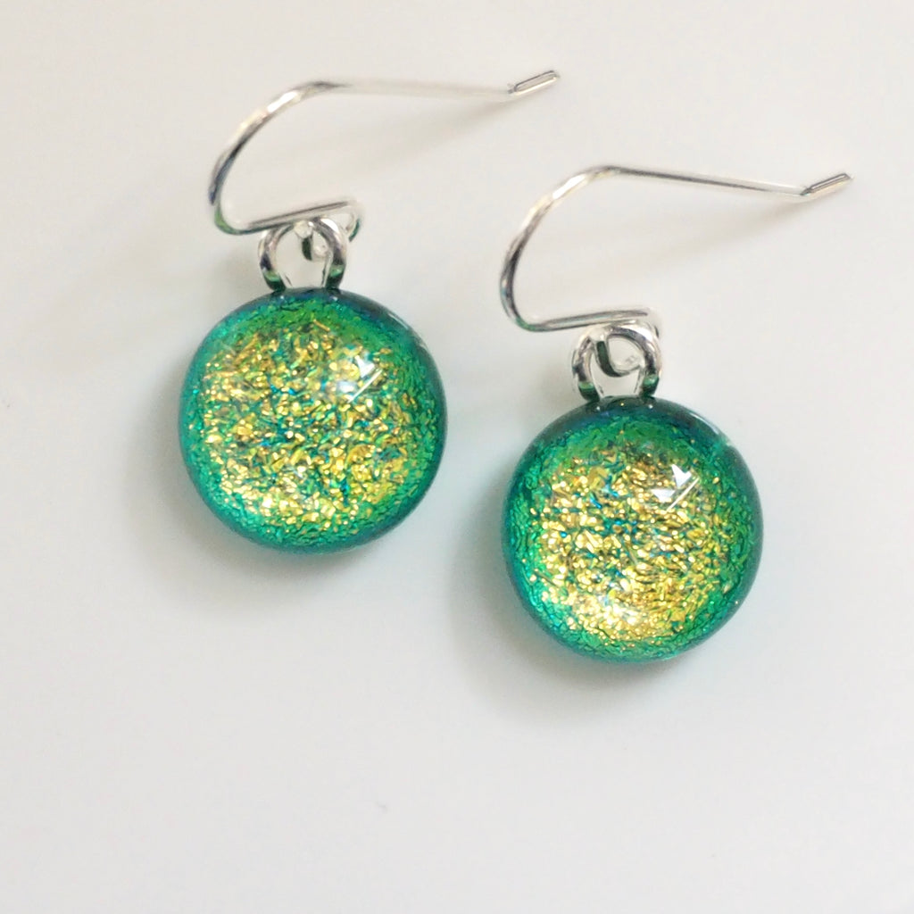 Yellow green round dichroic glass earrings