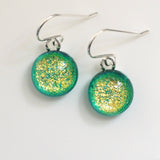 Yellow green round dichroic glass earrings