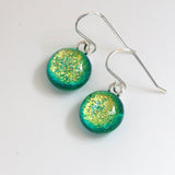 Yellow green round dichroic glass earrings
