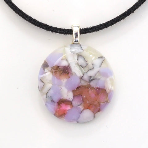 Lilac, white and pink fused glass pendant