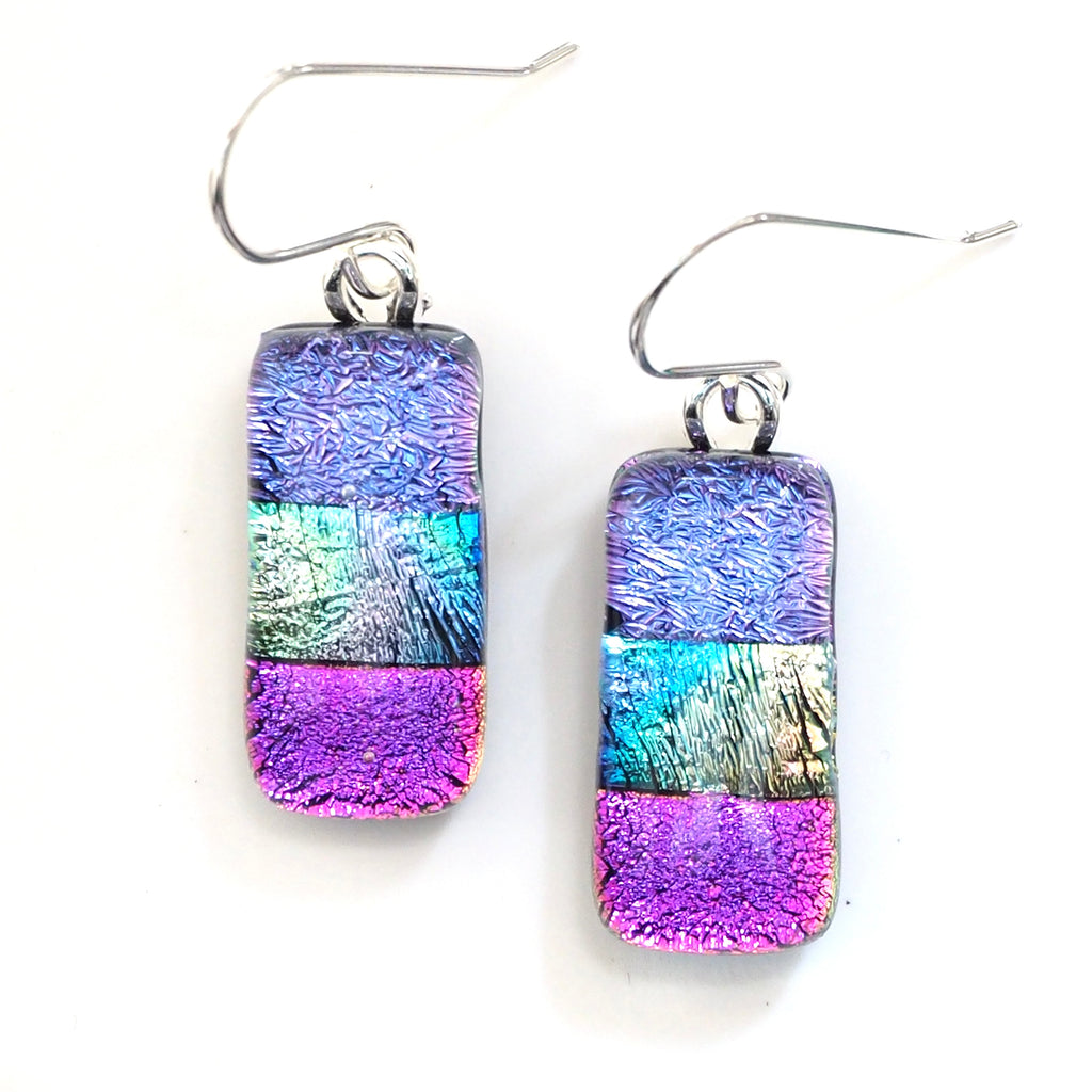 Purple blue and pink fused glass earrings