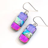 Purple blue and pink fused glass earrings