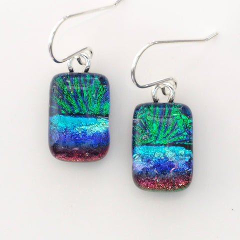 Emerald green and blue kiln fused dichroic glass earrings