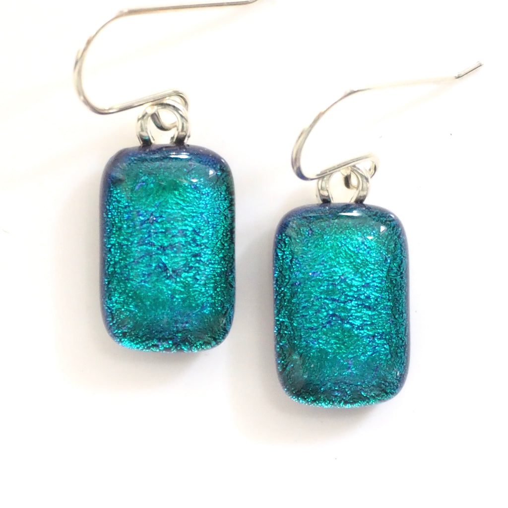 Emerald green peacock blue dichroic glass earrings