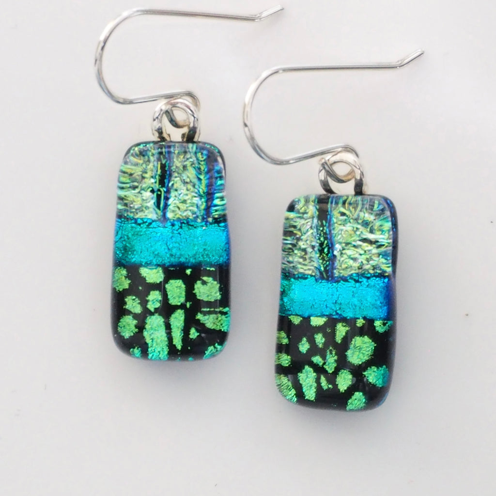Green and turquoise fused dichroic glass earrings