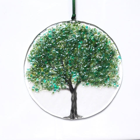 fused glass suncatcher with green summer tree design