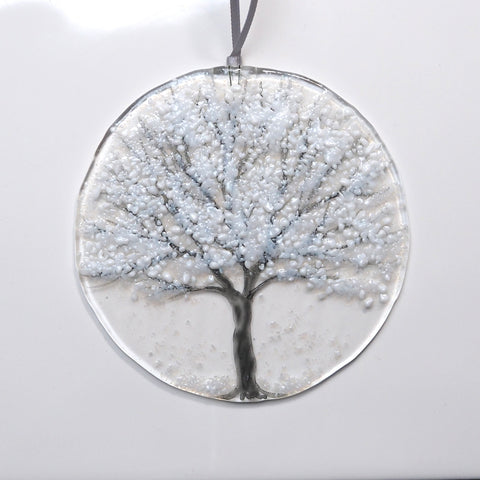 fused glass suncatcher with white snowy tree design
