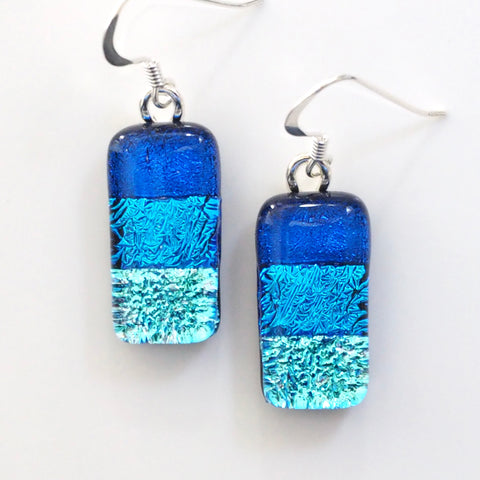 Ice blue, turquoise and deep blue fused dichroic glass earrings