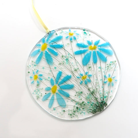fused glass sun catcher with blue daisy design