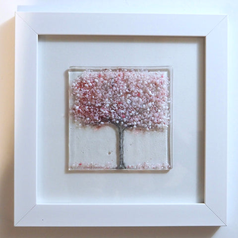 Spring cherry blossom tree framed glass art