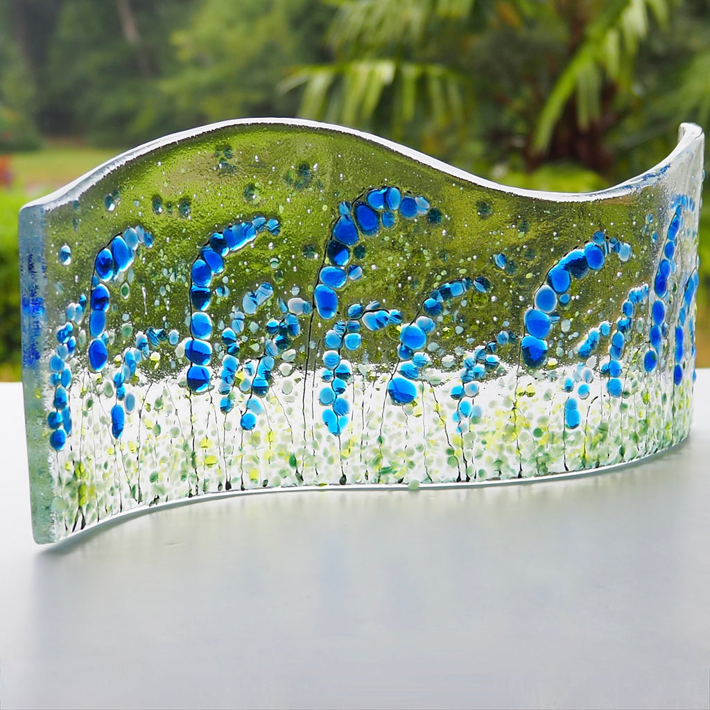 Fused Glass Sculpture Wave - Candle Screen - Bluebells