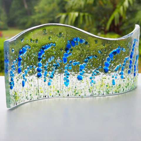 Fused Glass Sculpture Wave - Candle Screen - Bluebells
