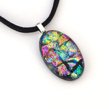 Rainbow colours oval fused glass pendant