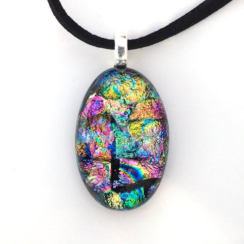 Rainbow colours oval fused glass pendant