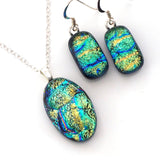 Green turquoise fused dichroic glass pendant and earrings jewellery set