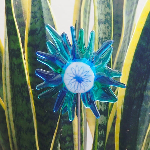 Blue, turquoise and white flower stake - Fired Creations