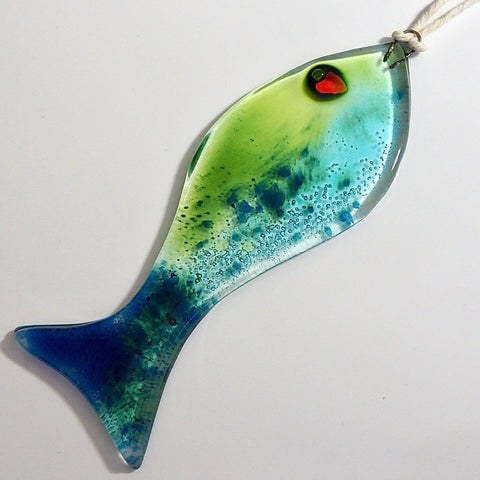 Bubble fish sun-catcher - light aqua, petrol blue and light green - Fired Creations