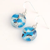 Dangly Earrings - Silver And Blue Round Dichroic Glass Earrings