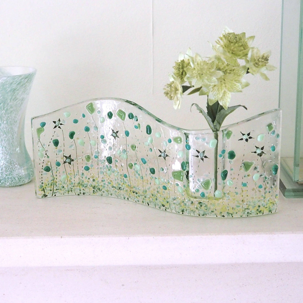 Fused Glass Vase - Green Flowers Fused Glass Bud Vase