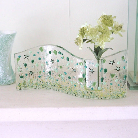 Fused Glass Vase - Green Flowers Fused Glass Bud Vase
