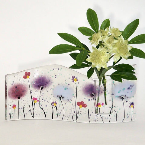 Fused Glass Vase - Purple Flowers Fused Glass Bud Vase